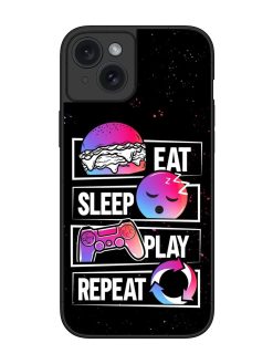 Eat Sleep Play Repeat Glossy Metal Phone Cover for Apple Iphone 15 Plus