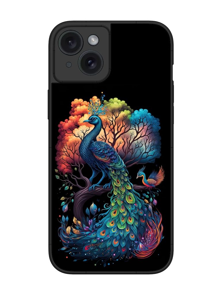Peacock Tree Art Glossy Metal Phone Cover for Apple Iphone 15 Plus